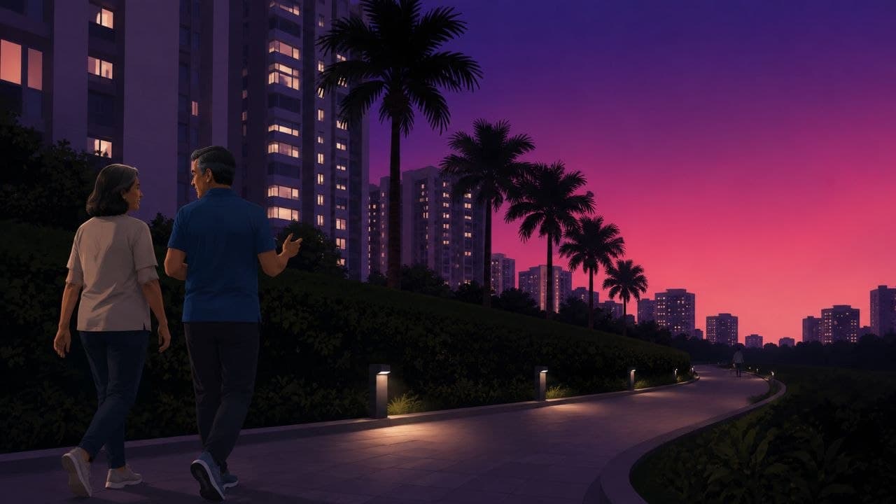 A middle-aged couple walking together on a lit footpath through their residential complex at dusk, palm trees and high-rise windows against a magenta sky