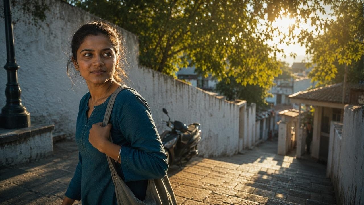 A young South Asian woman in a blue kurta with a shoulder bag walking down a sunlit neighbourhood street at golden hour