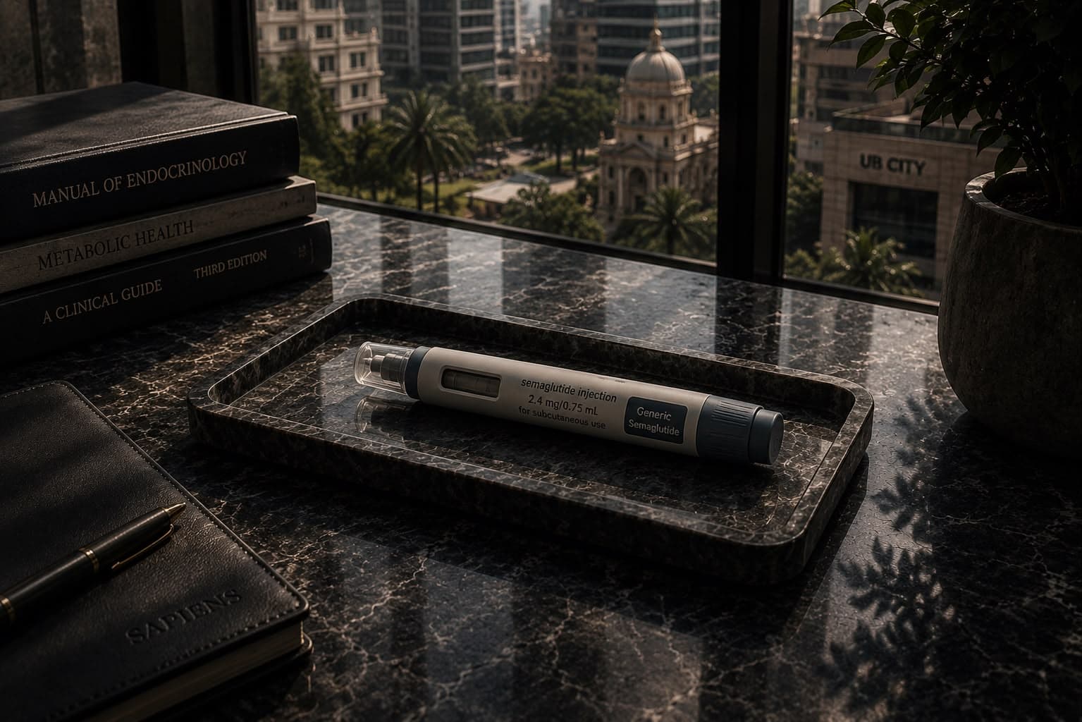 A generic semaglutide injection pen rests in a dark marble tray on a marble desk beside a stack of endocrinology textbooks, a Sapiens notebook and a potted plant, a Bengaluru cityscape in golden light behind