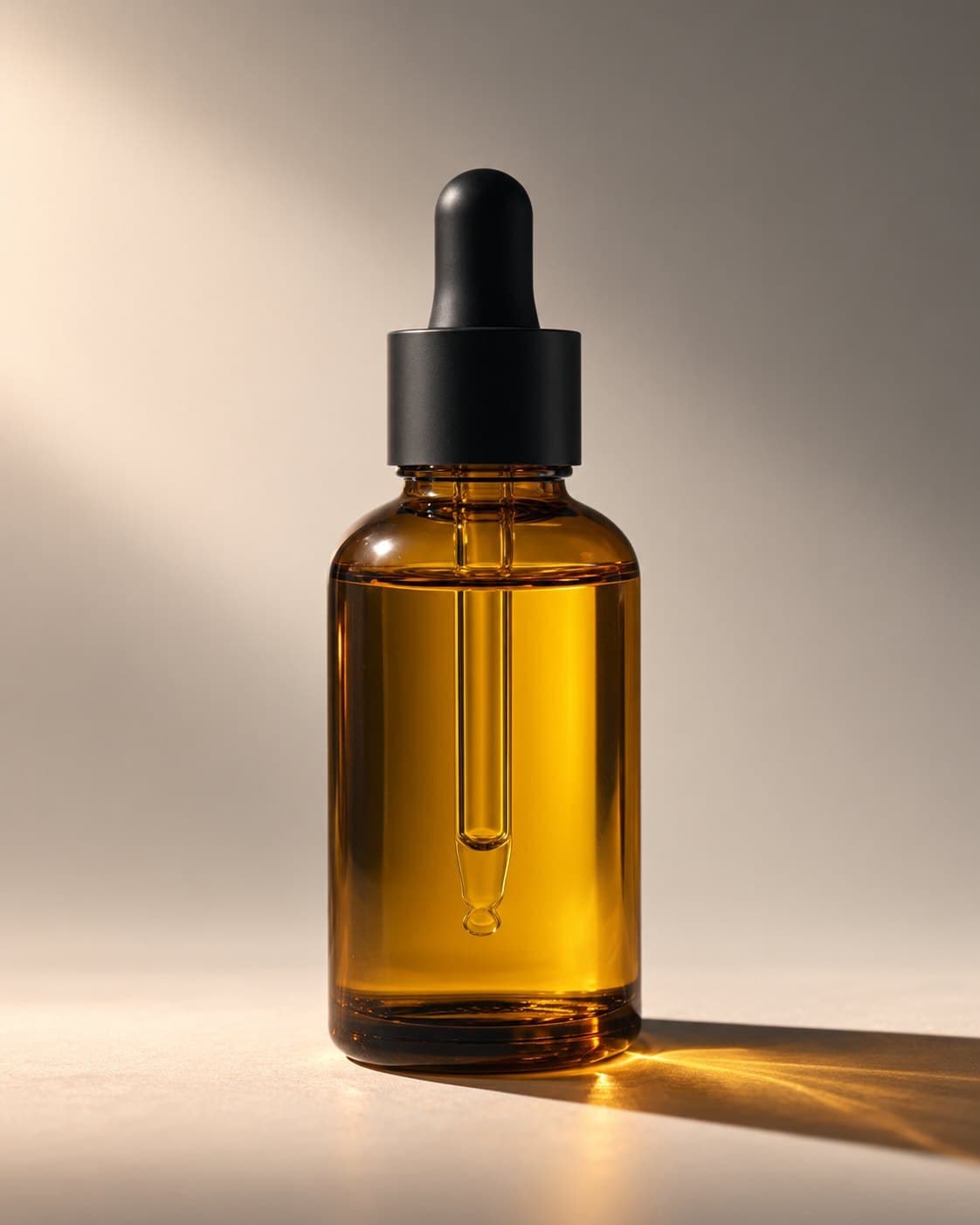 An unlabelled amber glass dropper bottle with a matte black cap standing on a beige surface in warm side light