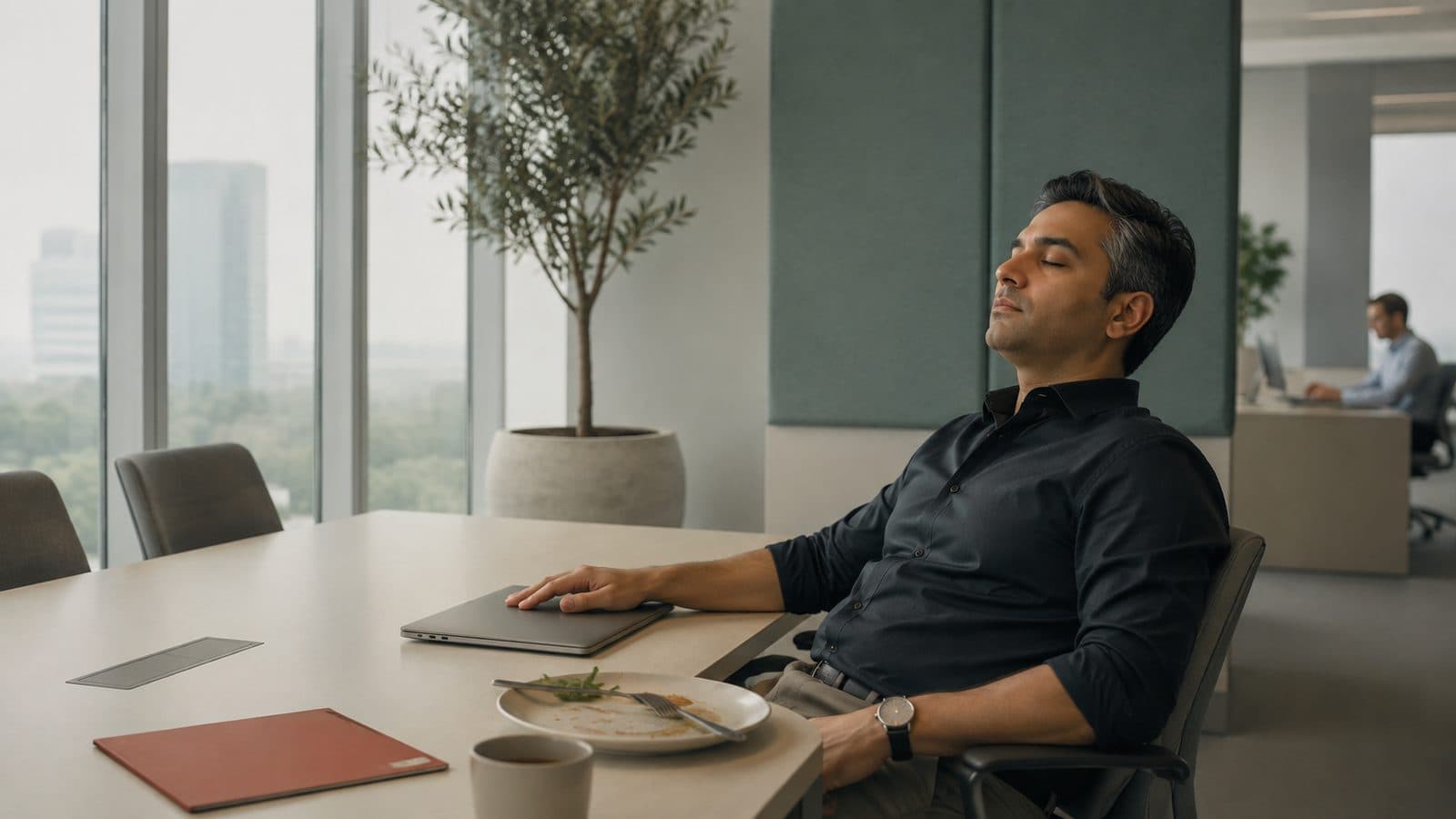 A man in a dark shirt leans back in his office chair with his eyes closed after lunch, an empty plate and a coffee cup on the table in front of him.