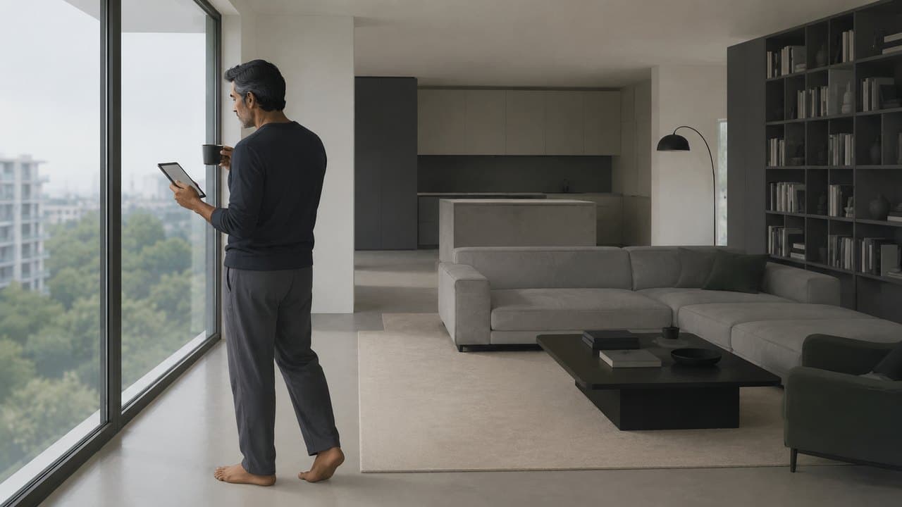 A barefoot man in a dark navy long-sleeved top and grey trousers stands at a floor-to-ceiling window in a spare, grey-toned apartment, holding a tablet in one hand and a dark coffee mug in the other, with treetops and apartment blocks under an overcast sky outside.