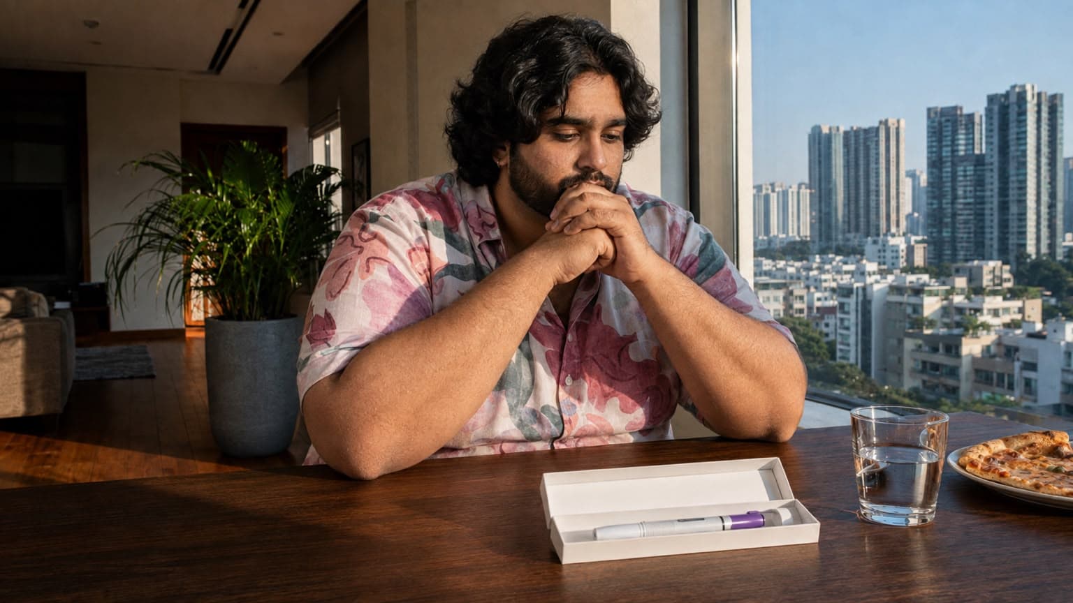 A South Asian man sits at a dining table by a high-rise window at dusk, hands clasped in thought, looking down at an open injection-pen case beside a glass of water and a plate of food