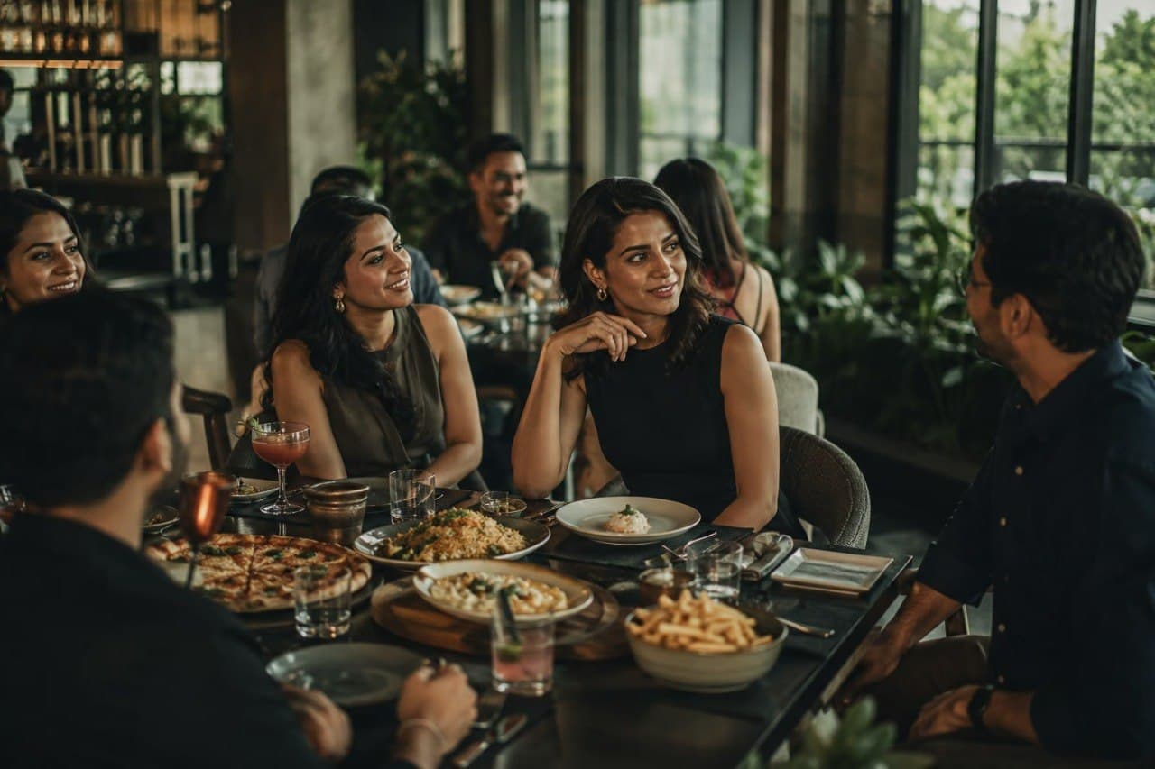 Group of Indian friends at a restaurant table with pizza, fried rice, french fries and cocktails — social-eating scene.
