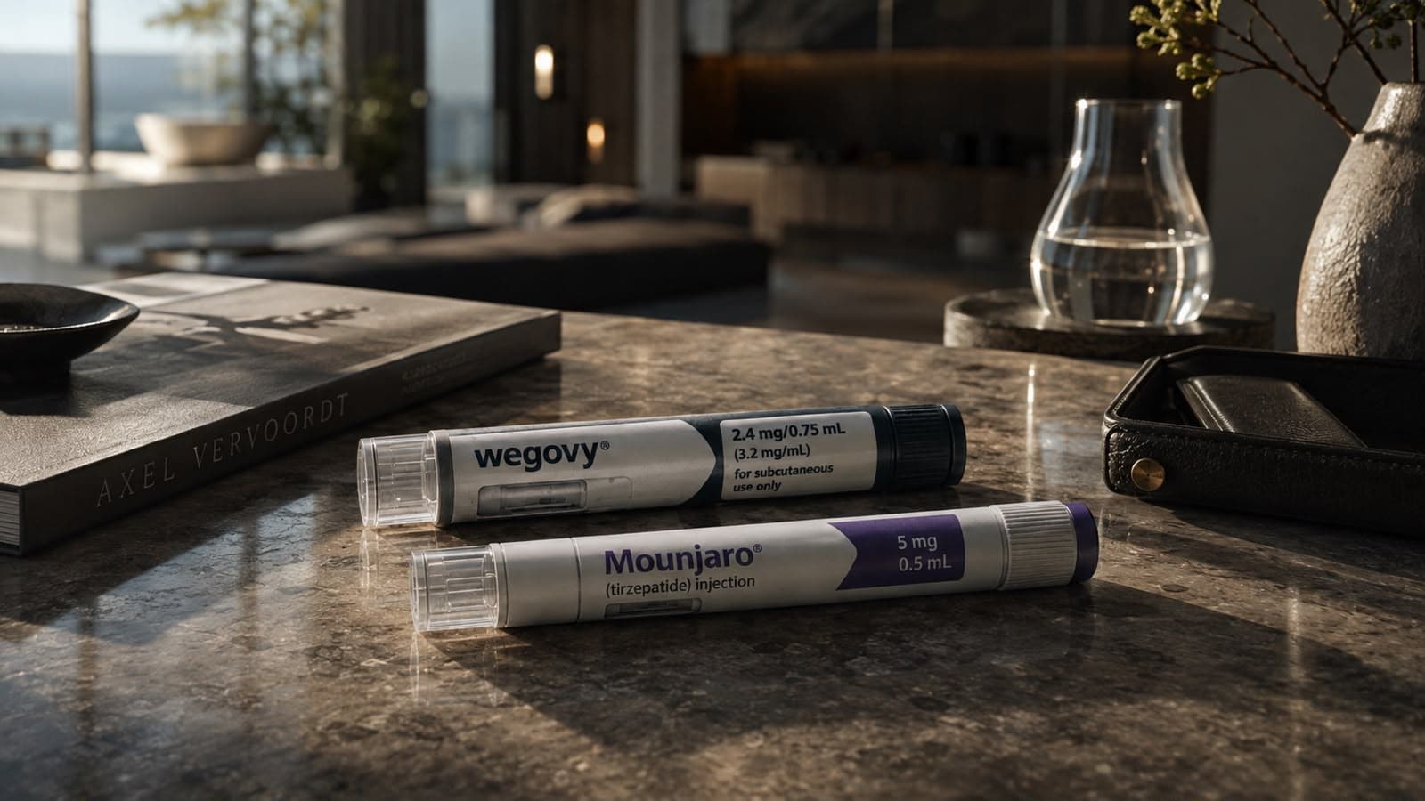 A Wegovy 2.4 mg pre-filled pen and a Mounjaro (tirzepatide) 5 mg pre-filled pen lie side by side on a polished marble surface in warm window light