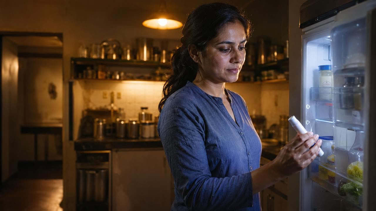 A South Asian woman in a dimly lit kitchen at night, reading the label on a semaglutide injection pen beside an open refrigerator