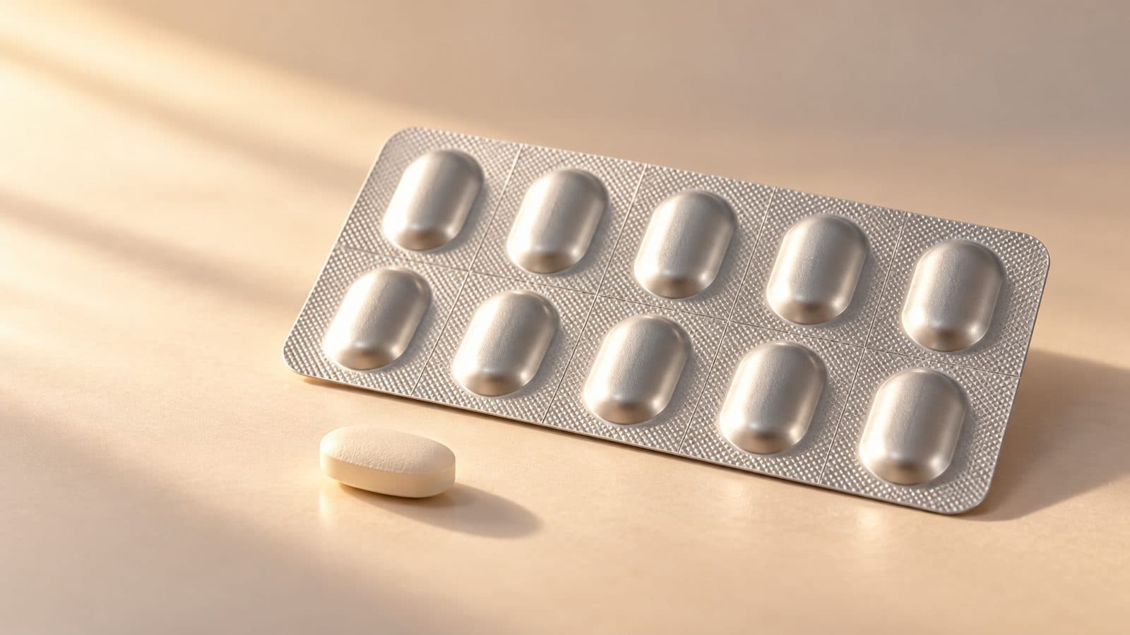A silver foil blister strip with ten sealed oval pockets on a warm beige surface in soft, slanting light, with one loose cream-coloured oval tablet resting in front of it.