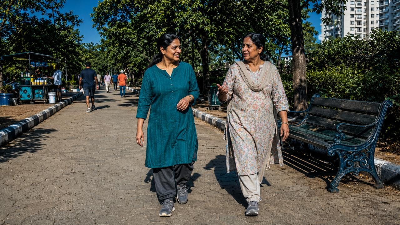Two older Indian women walking together along a path in an urban park in warm daylight