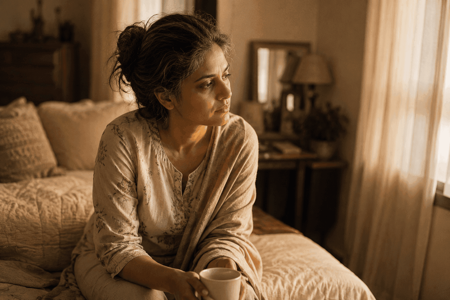 A South Asian woman in her forties sitting on a bed in warm afternoon light, quietly paused with a mug of tea