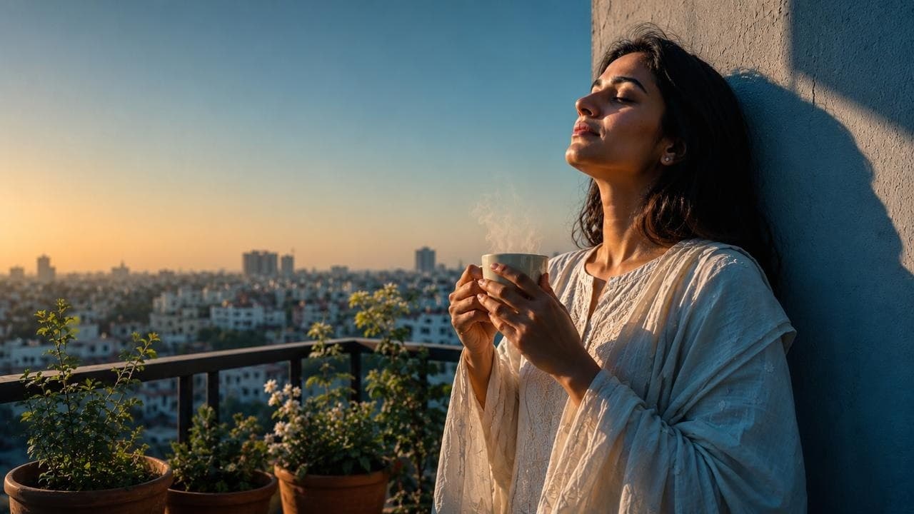 A South Asian woman on a balcony at sunrise, eyes closed and face turned up to the morning sun, holding a warm mug above a hazy city skyline