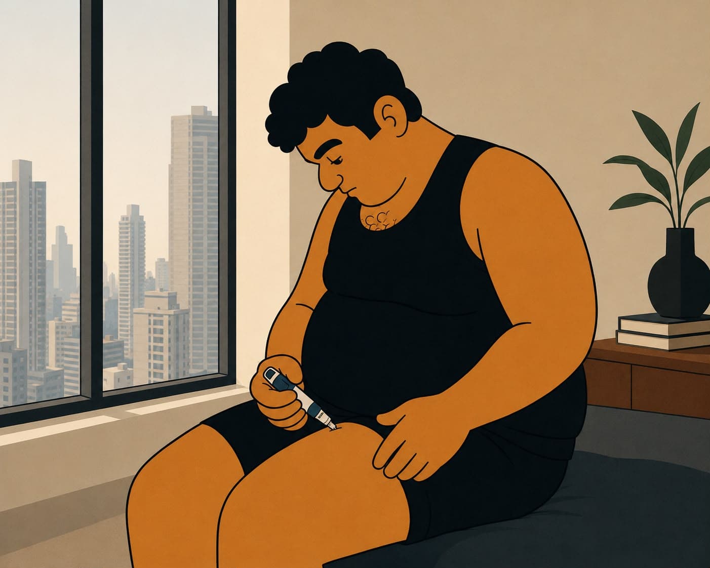 An illustration of a man in a bedroom administering a once-weekly weight loss injection into his own thigh, a city skyline through the window behind him
