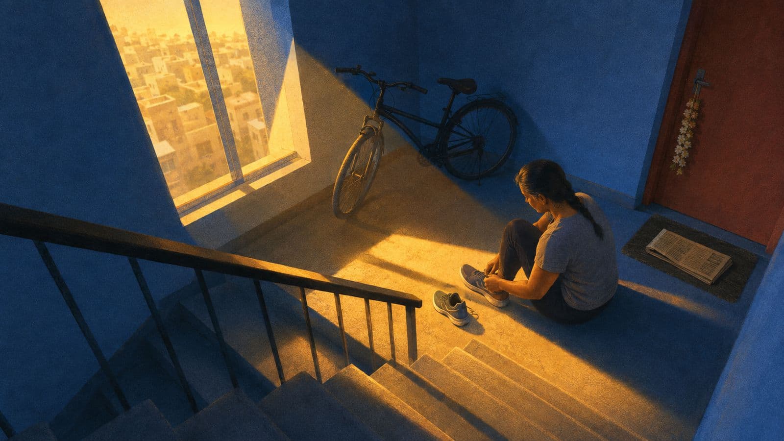A woman sits on an apartment stairwell landing in low evening light, lacing a running shoe, a bicycle propped against the wall behind her.