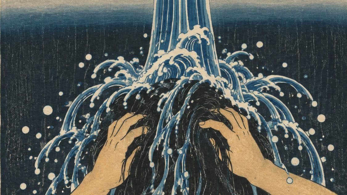 A woodblock print of a woman kneeling beneath a waterfall, washing her long black hair in the falling water.