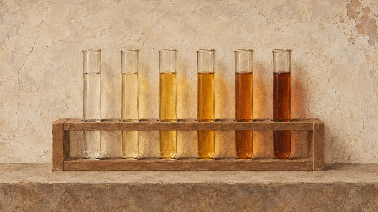 Painterly still life: six glass test tubes stand in a worn wooden rack on a stone ledge against a cracked cream plaster wall, the liquid in them graded left to right from colourless through pale straw, yellow and amber to deep orange-brown and almost black-brown.