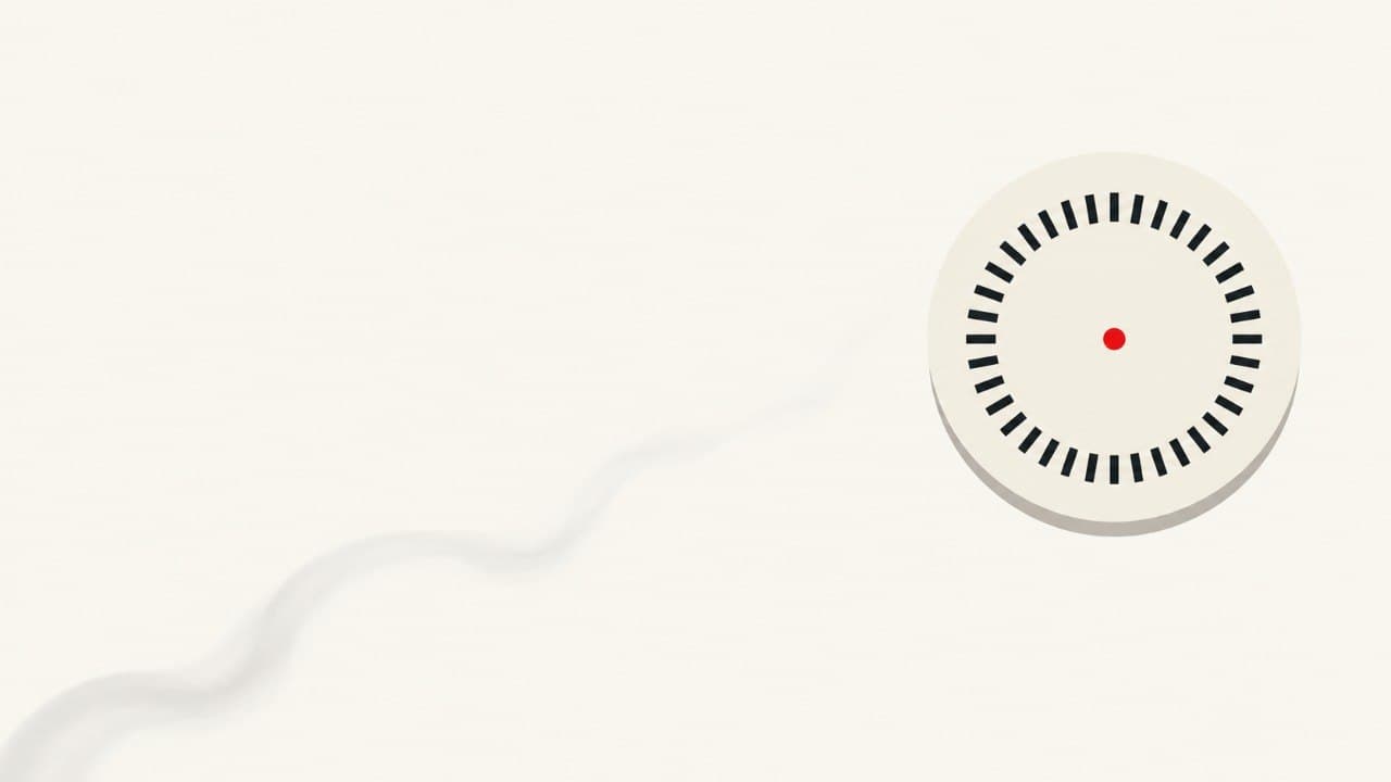 Minimalist illustration of a round white ceiling smoke detector with a single red light on a cream background, a thin wisp of grey smoke drifting up towards it.