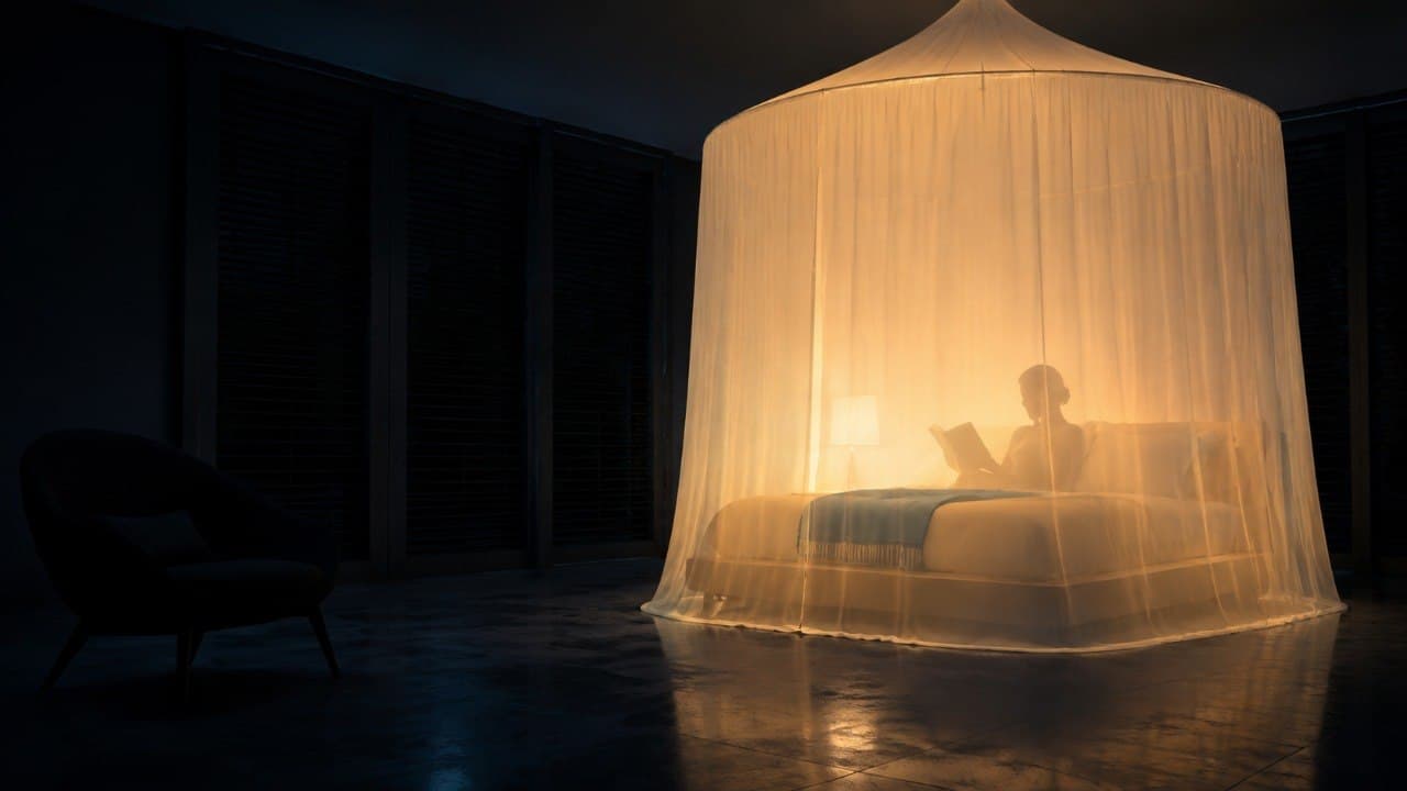 A dark bedroom at night, lit only from within a tall bell-shaped mosquito net hung over the bed: the silhouette of a person sitting up inside it, reading a book by a small bedside lamp.