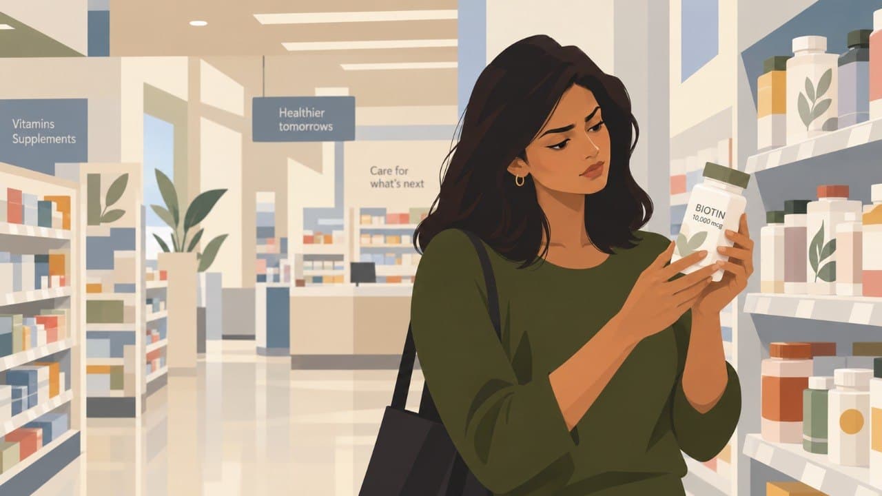 Illustration of a woman in a pharmacy supplements aisle examining a bottle labelled BIOTIN 10,000 mcg, with shelves of vitamin bottles beside her