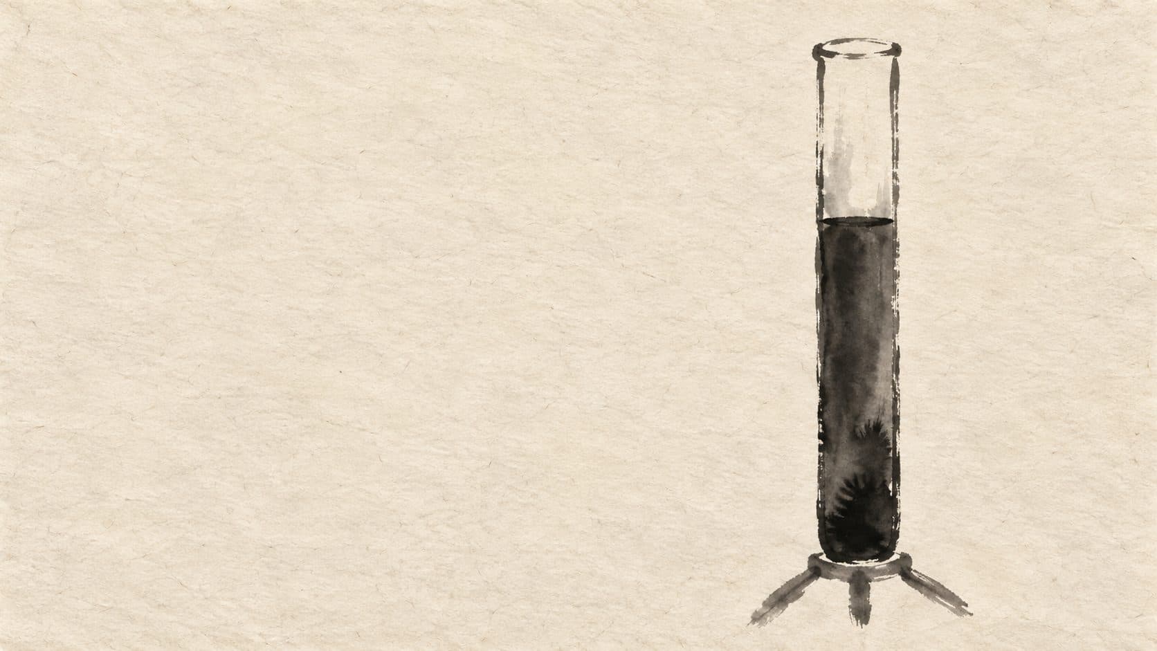 An ink-wash painting of a tall narrow sedimentation tube standing upright in a tripod stand, a pale empty column at the top above the dark settled column of blood that has fallen to the bottom.