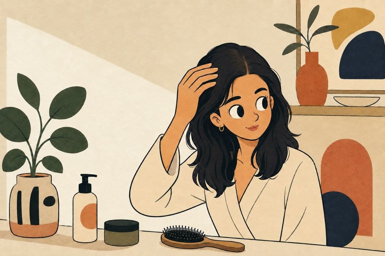 Illustration of a woman lifting her hair to examine her scalp and the width of her parting at a vanity, with a hairbrush and bottles on the table beside her