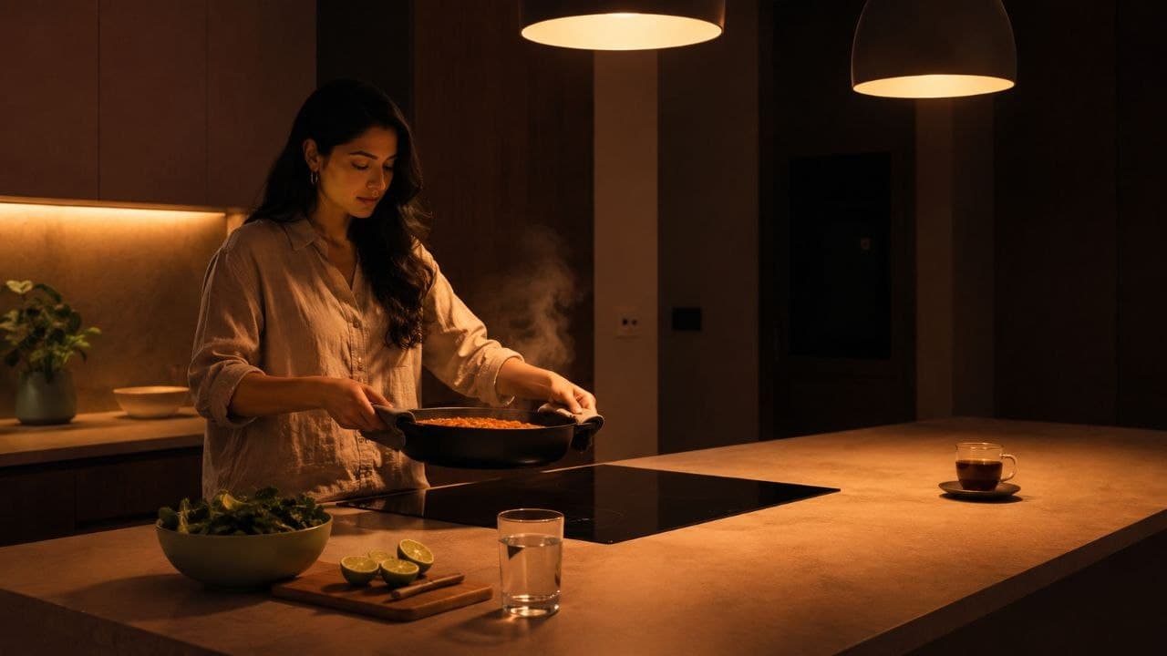 A South Asian woman lifting a pan of hot food onto a kitchen island in warm lamplight, a bowl of leafy greens and halved limes on the counter in front of her