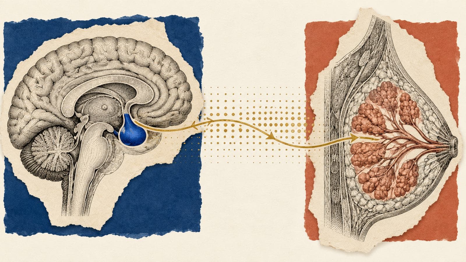 Torn-paper collage of two engraved anatomical drawings: a side-on cross-section of a brain with the pituitary gland coloured blue, and a cross-section of a breast with its lobules and ducts tinted terracotta, joined by a gold arrow across a dotted field on a cream background.