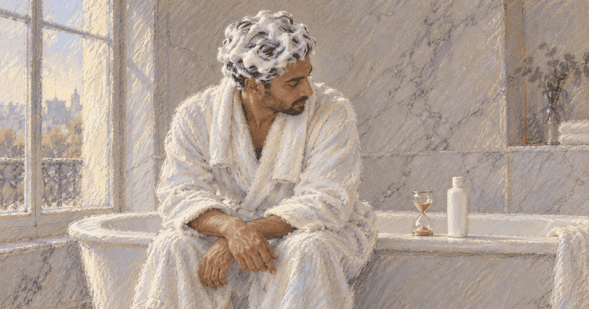 A pastel illustration of a bearded man in a white bathrobe sitting on the edge of a bathtub, shampoo lather worked into his hair, an hourglass and a white shampoo bottle on the tub rim beside him.