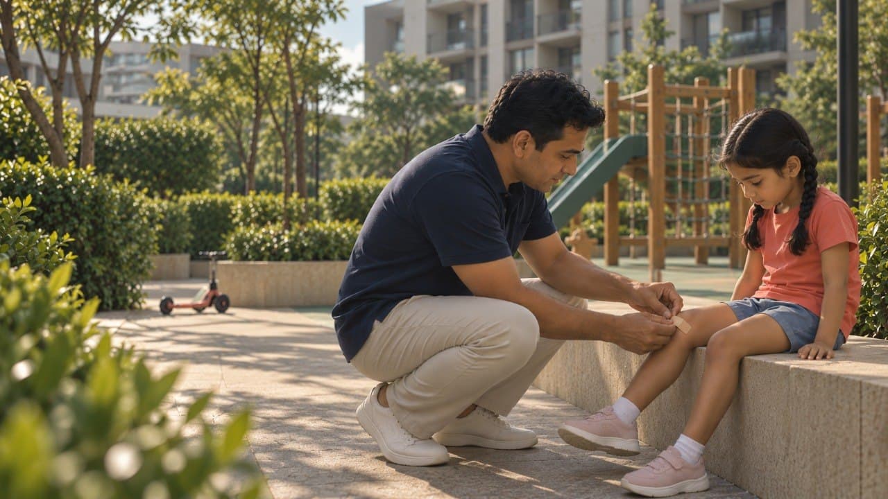 A parent crouching on a sunlit playground path to press an adhesive bandage onto the knee of a young child sitting on a low stone ledge, climbing frame and greenery behind them.