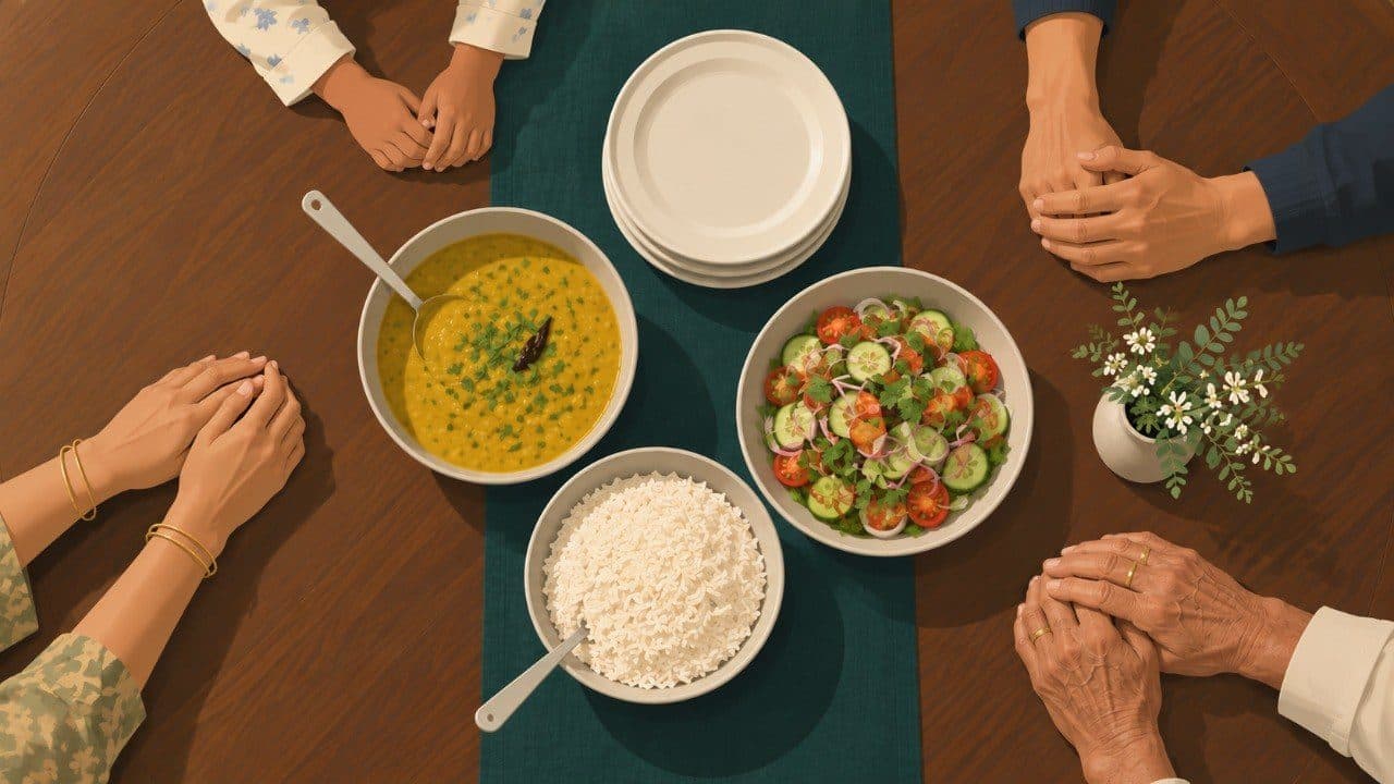 Family dinner table with dal, rice, and fresh salad — balanced Indian meal for healthy blood sugar