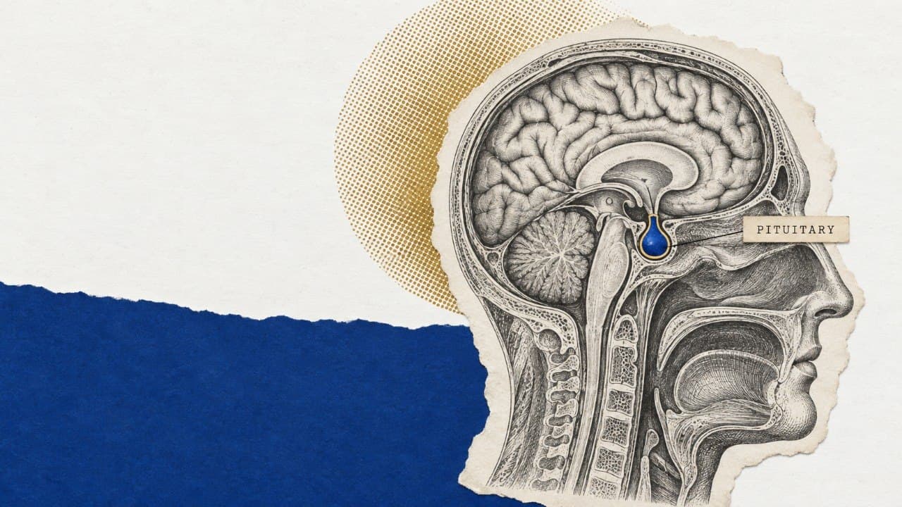 A torn-paper collage: an antique engraving of a head in cross-section on cream paper, the pituitary gland inked deep blue and ringed in gold beside a small typeset tag reading PITUITARY, set over a gold halftone sun and a band of navy paper.
