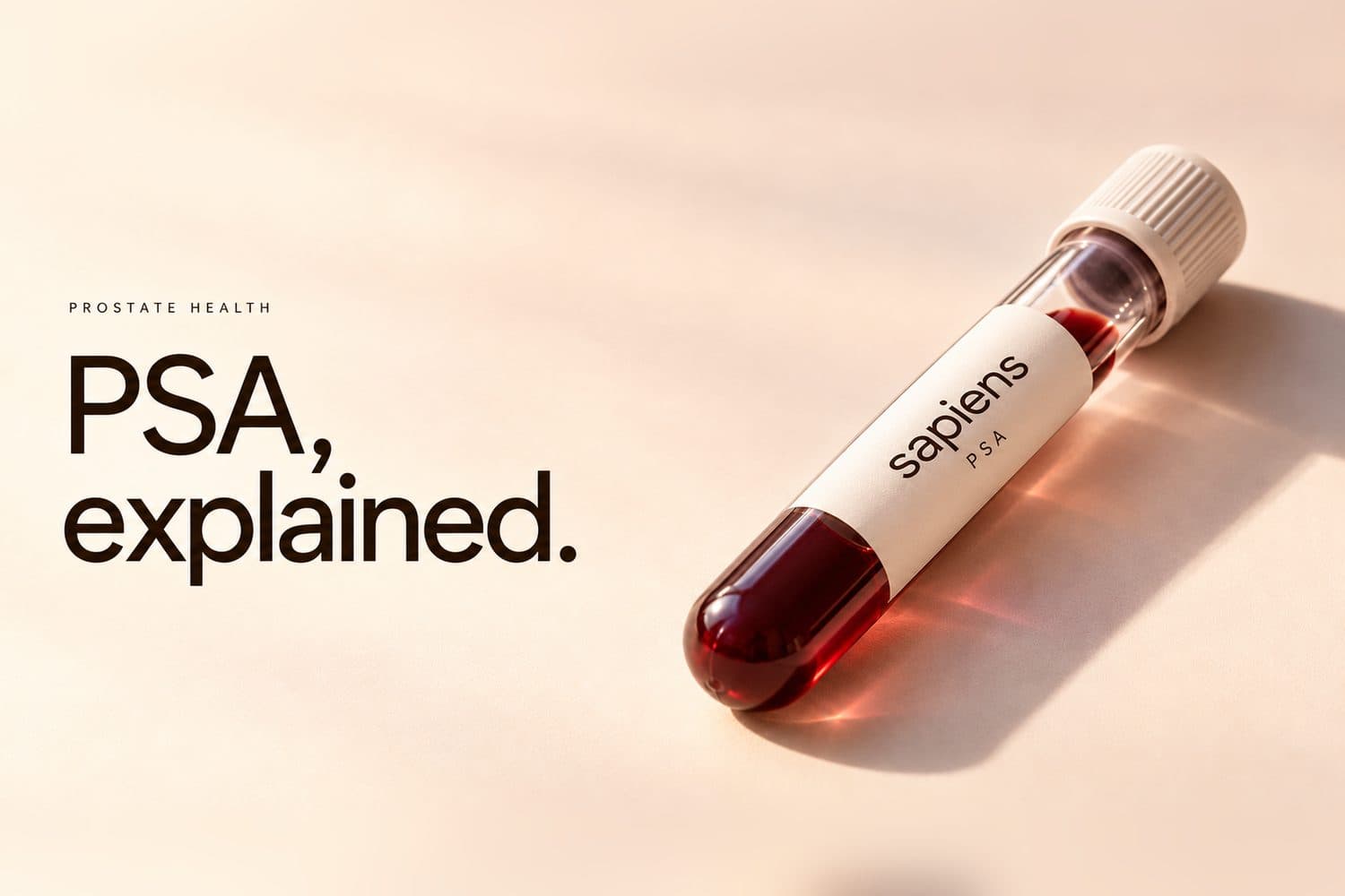 A Sapiens-branded blood collection tube labelled PSA, with a ribbed cream cap and dark red blood inside, lying diagonally on a soft peach surface in warm sunlight and casting a long shadow. Text on the left reads: Prostate health. PSA, explained.