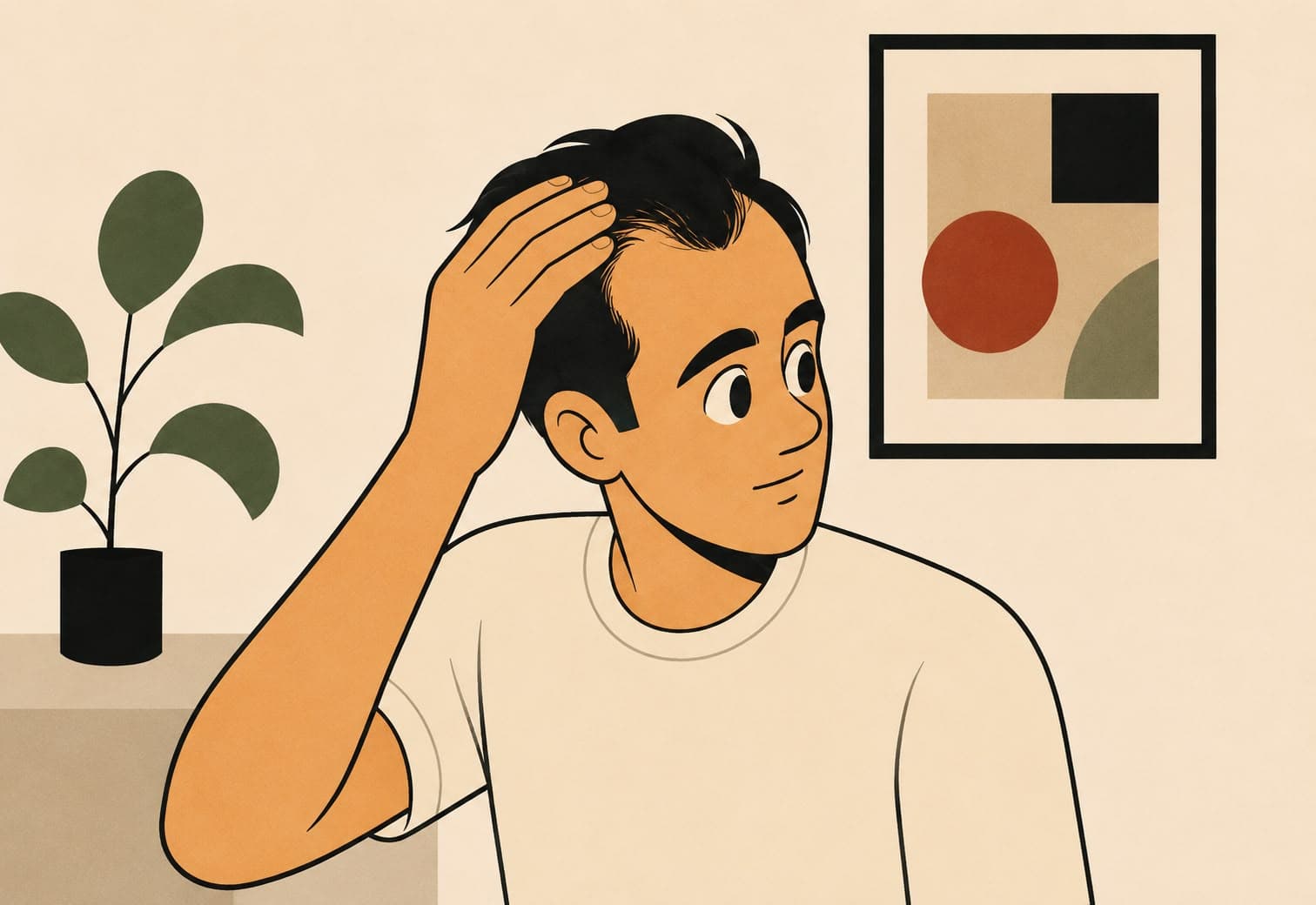 Illustration of a young man pushing his hair back from his temple to reveal a receding hairline, in a room with a potted plant and a framed abstract print.
