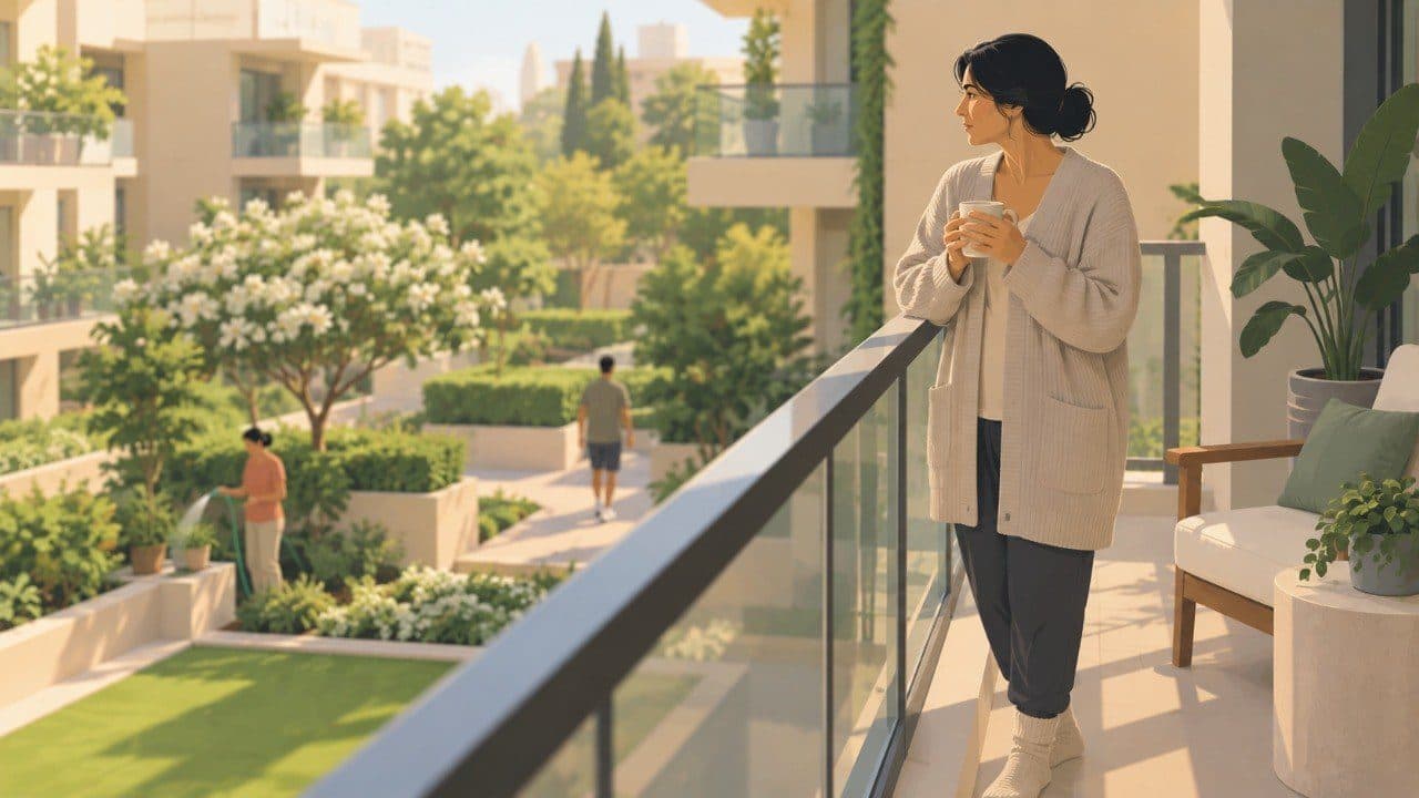 Illustration of a woman standing at the glass railing of a sunlit apartment balcony in the early morning, holding a white cup in both hands and looking out over a landscaped garden courtyard, where one person waters a planting bed and another walks a path between clipped hedges and a white-flowering tree.