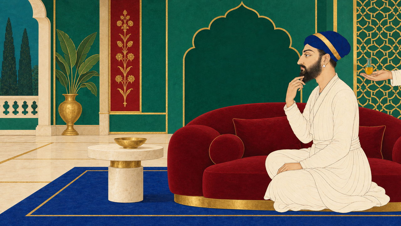 A bearded man in white robes and a blue turban sits on a red sofa; a hand offers him a small vial of beard oil in an ornate Mughal-style palace interior.
