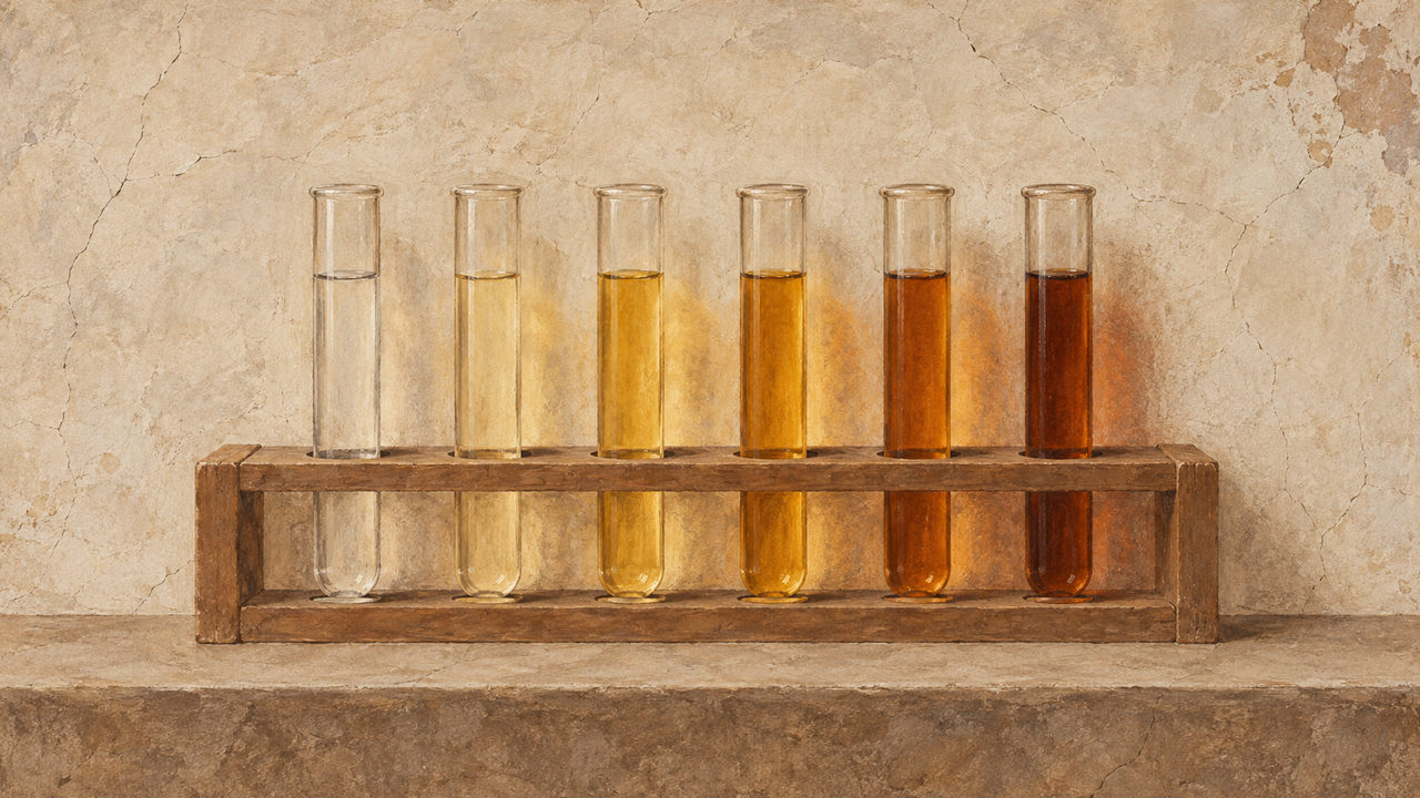 Painterly still life: six glass test tubes stand in a worn wooden rack on a stone ledge against a cracked cream plaster wall, the liquid in them graded left to right from colourless through pale straw, yellow and amber to deep orange-brown and almost black-brown.