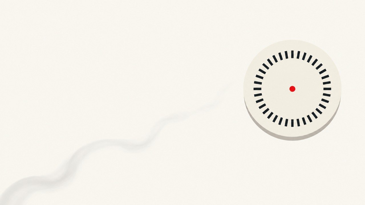 Minimalist illustration of a round white ceiling smoke detector with a single red light on a cream background, a thin wisp of grey smoke drifting up towards it.