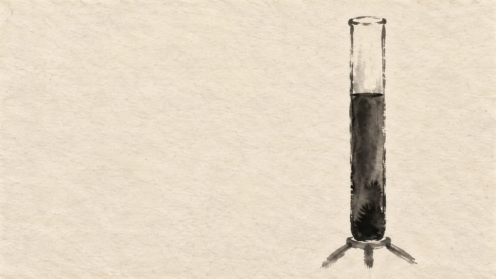 An ink-wash painting of a tall narrow sedimentation tube standing upright in a tripod stand, a pale empty column at the top above the dark settled column of blood that has fallen to the bottom.