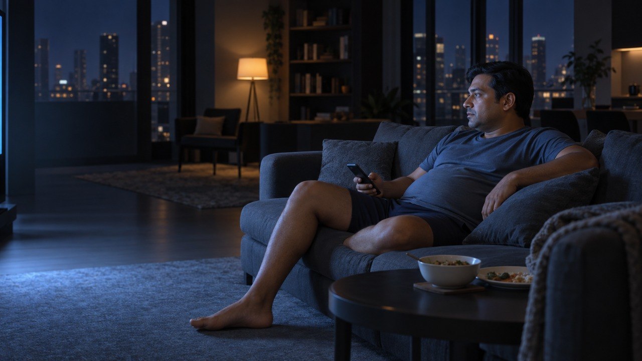 A man sitting back on a dark grey sofa in a city apartment at night, a phone in one hand and the blue light of a television across his face, with a bowl of food and a half-finished plate on the low round table in front of him and a lit high-rise skyline through the windows behind.
