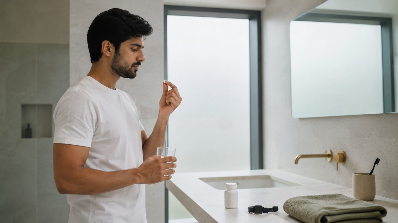 A young man in a white T-shirt stands at a stone bathroom basin in soft daylight, holding a single white tablet up in one hand and a glass of water in the other, with a small supplement bottle and a folded towel on the counter beside him.