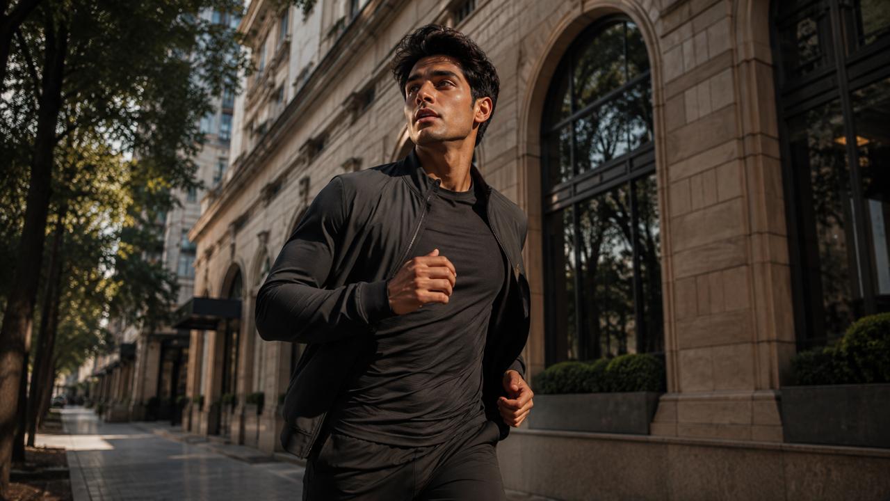 A young South Asian man in dark athletic wear jogging along a tree-lined city street past a stone building in warm daylight
