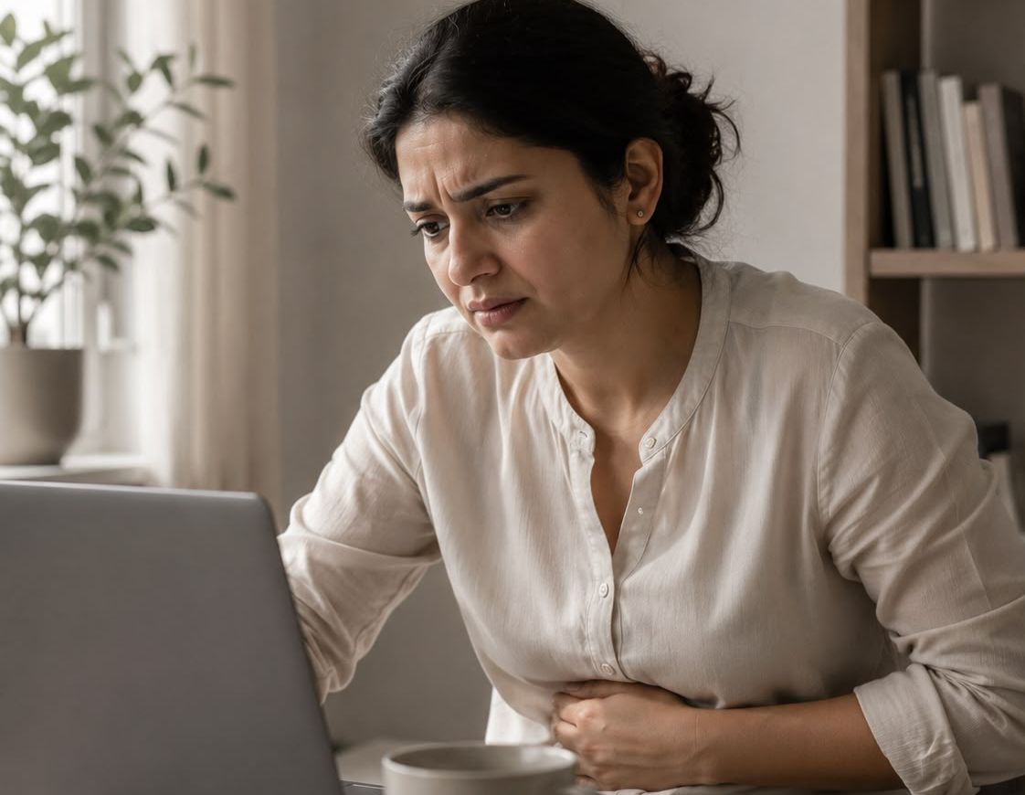 Indian woman at a laptop looking uncomfortable and holding her stomach — visualizing GLP-1 side effects like nausea and stomach pain.