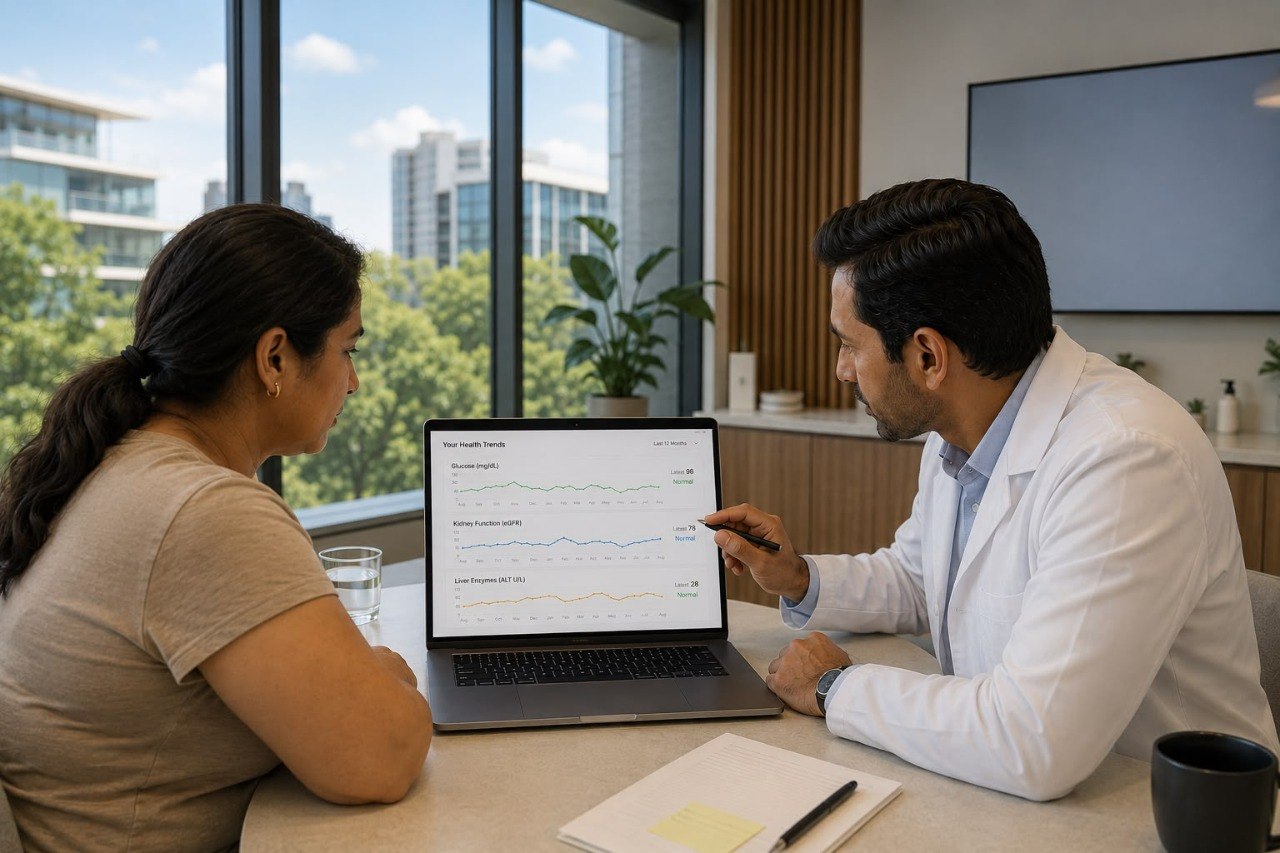 Doctor showing an Indian woman patient her lab trend charts (Glucose, Kidney eGFR, Liver ALT) over 12 months on a laptop.