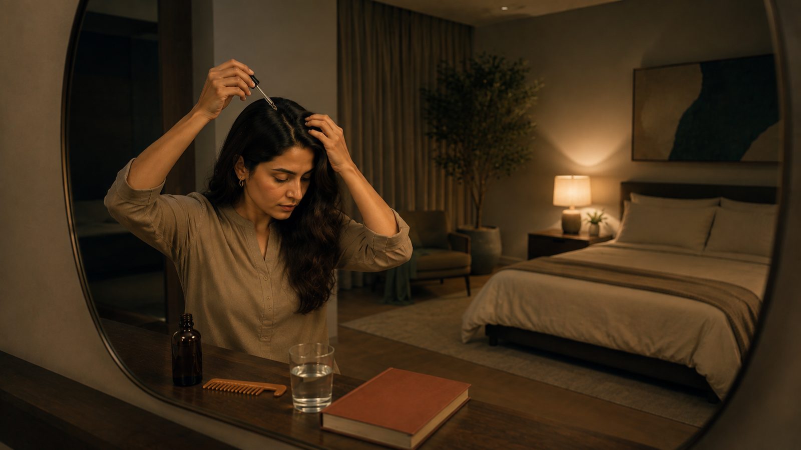 A woman sits at a dark-wood vanity mirror in a softly lit bedroom, parting her hair with one hand and dosing her scalp with a serum dropper in the other; an amber dropper bottle, a wooden comb, a glass of water and a hardback book rest on the counter.