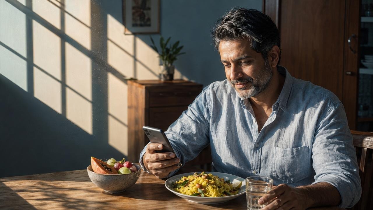 A middle-aged Indian man checking his phone at a sunlit wooden dining table, a plate of poha and a bowl of fresh fruit in front of him