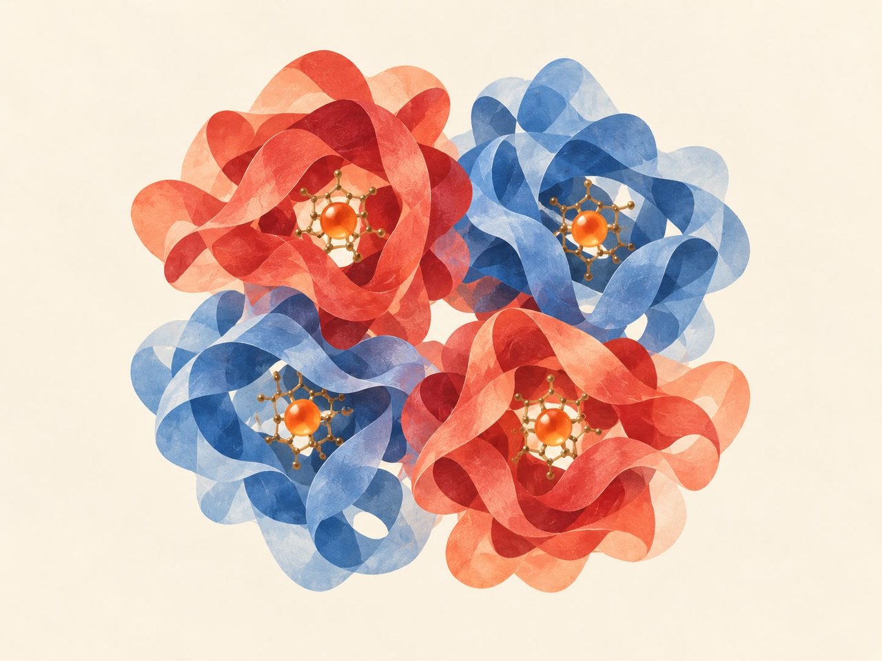 An illustration of one hemoglobin molecule on a cream ground: four ribbon-wound globin lobes, two red and two blue, arranged in a square, each lobe cradling a flat gold heme ring with a single glowing orange iron atom at its centre.