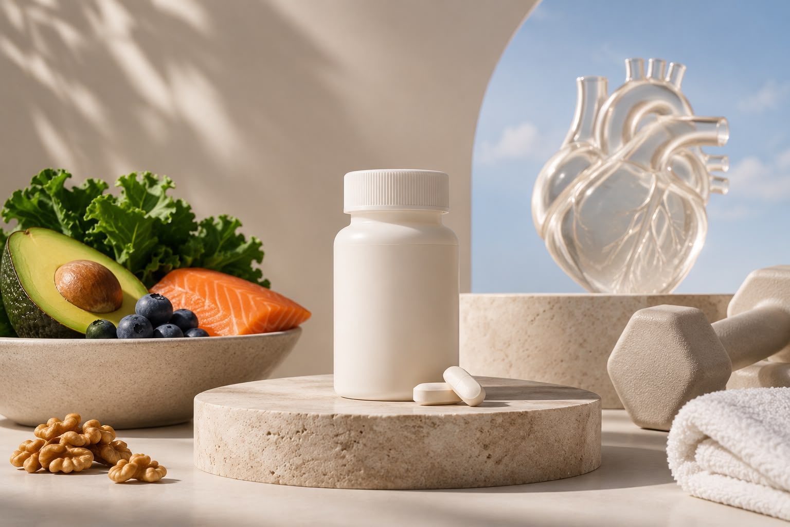 A white unlabelled pill bottle with two white tablets on a round travertine pedestal, beside a stone bowl of kale, half an avocado, a salmon fillet and blueberries, with walnuts in front, a beige dumbbell and folded white towel to the right, and a clear glass model of a human heart against a blue sky in an arched window behind.