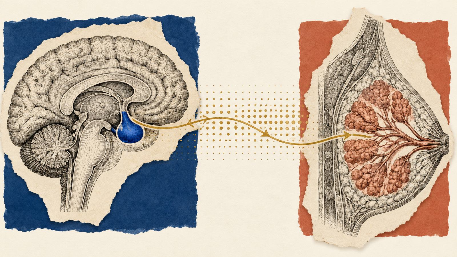 Torn-paper collage of two engraved anatomical drawings: a side-on cross-section of a brain with the pituitary gland coloured blue, and a cross-section of a breast with its lobules and ducts tinted terracotta, joined by a gold arrow across a dotted field on a cream background.