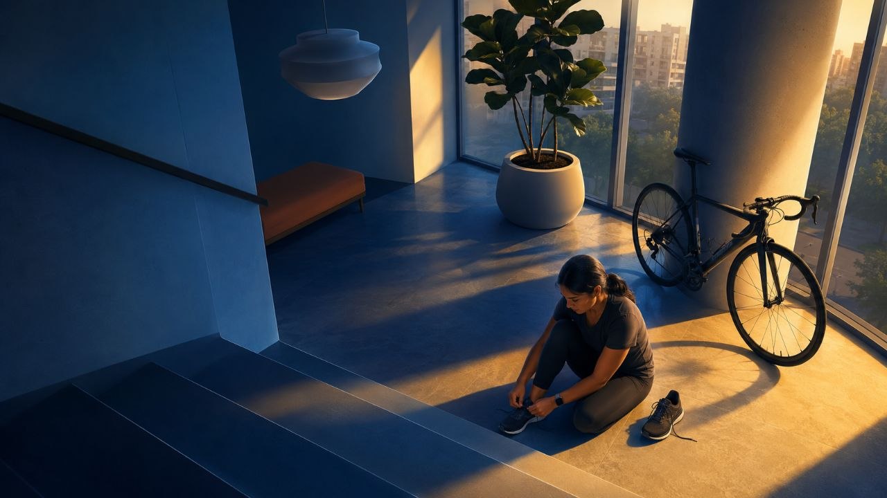 Woman tying her running shoes indoors before a workout