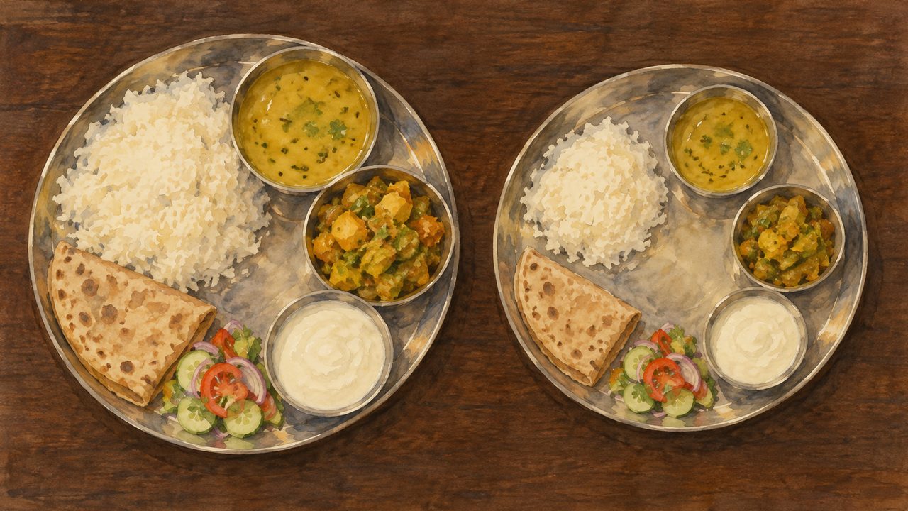 Watercolour painted from overhead: two round steel thalis side by side on a dark wooden table, each holding the same Indian meal -- a mound of white rice, a katori of yellow dal, a katori of mixed vegetable sabzi, a katori of white curd, a folded chapati and a salad of sliced cucumber, tomato and onion. Every portion on the smaller right-hand thali is a reduced version of the one facing it on the left.