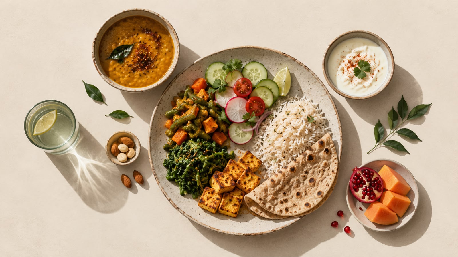 Overhead photo of an Indian meal on a beige surface: a speckled ceramic plate holding white rice, a folded roti, grilled paneer cubes, sauteed greens, a mixed vegetable sabzi and a salad of sliced cucumber, tomato and radish with a lime wedge. Around the plate sit a bowl of yellow dal, a bowl of raita, a glass of water with a lemon slice, a small dish of almonds, and a side plate of papaya pieces and half a pomegranate.