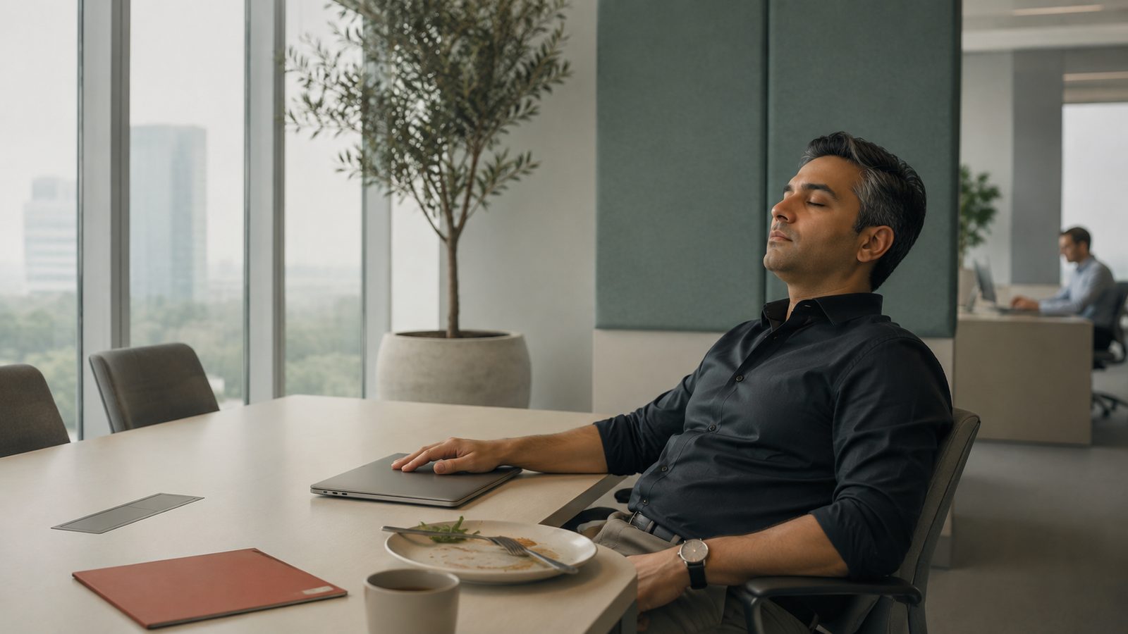 A man in a dark shirt leans back in his office chair with his eyes closed after lunch, an empty plate and a coffee cup on the table in front of him.